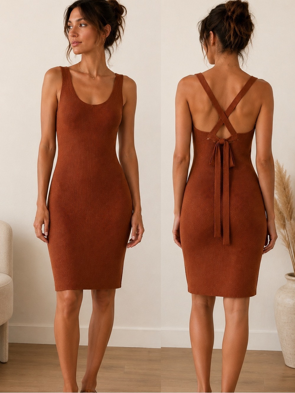 MOUSSY Rust Rib Knit Midi Dress Cross Back Tie One Size